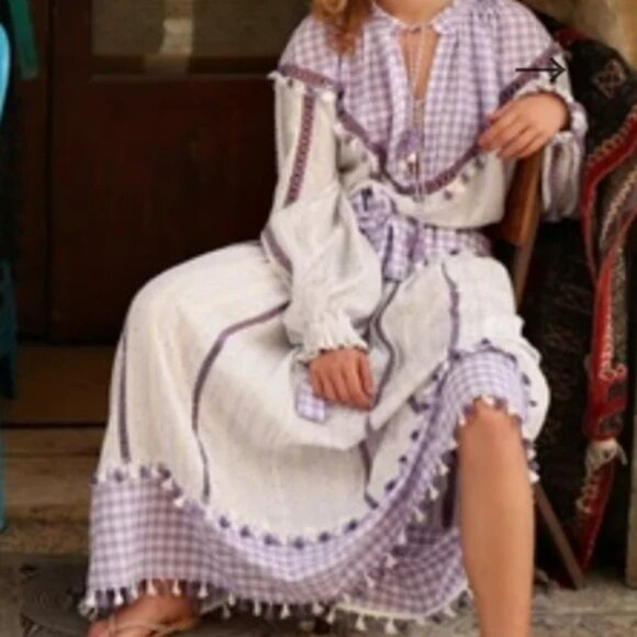 2/$30 Dodo Bar Or Gingham Smock Boho Blouse Lavender White Small #A0465 TRB3 - Picture 5 of 9
